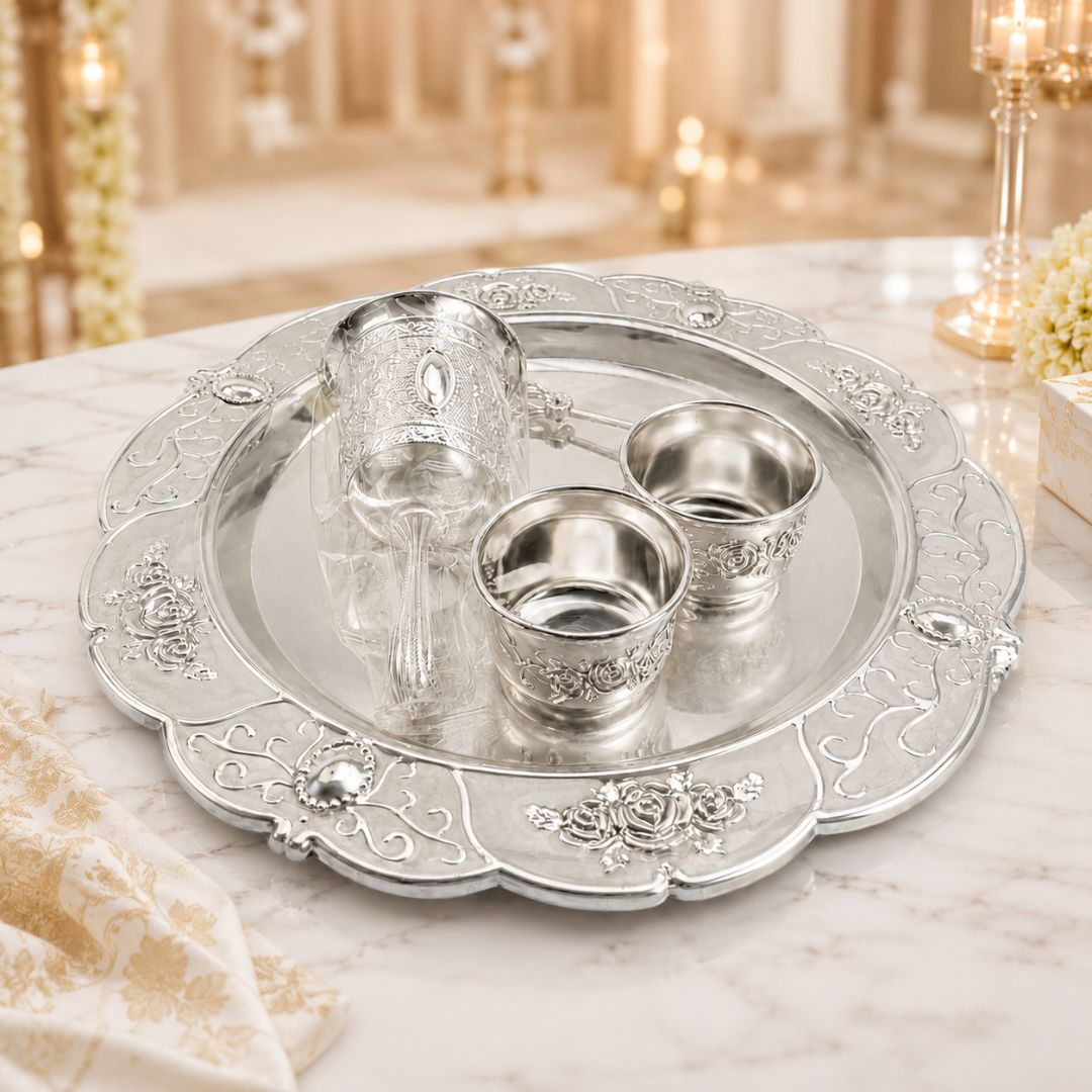 Premium German Silver Tray Set with Bowls & Spoon for Pooja, Serving & Gifting - Adscraft.in