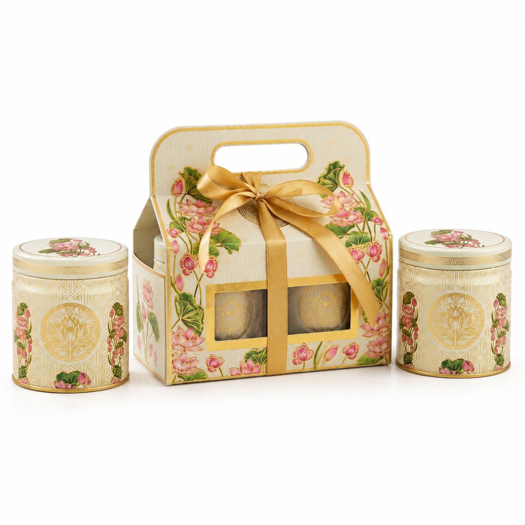 Pack of 6 Cream Lotus Printed 2 Jar Tin Gift Box with Handle - Adscraft.in