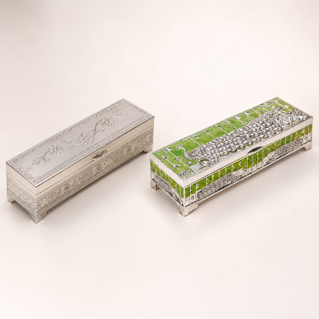 Premium German Silver Peacock Dry Fruit Box with Green Enamel Finish (9 x 3.5 x 2 Inch)