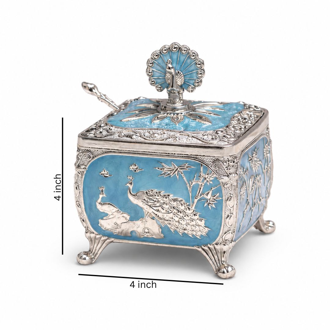 Royal Peacock German Silver Dry Fruit Box – Handcrafted Premium Gift (4 x 4 Inch)