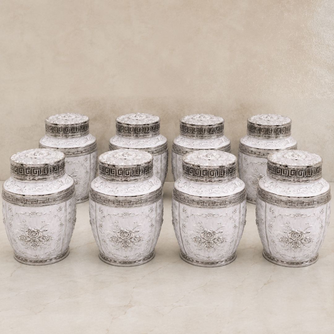 White Floral Silver Decorative Storage Jar (7 x 5 Inch) – Luxury Sweet & Dry Fruit Container