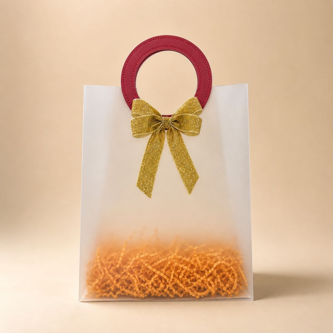 (Set of 5)Premium Frosted Gift Bags with Designer Ring Handle & Golden Bow –(7 x 10 Inch)