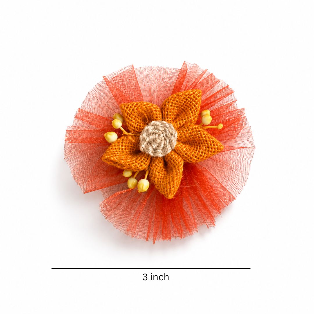 Set of 5 Orange Jute Flower Decorative Accessories with Net for Hamper & Trousseau Packing