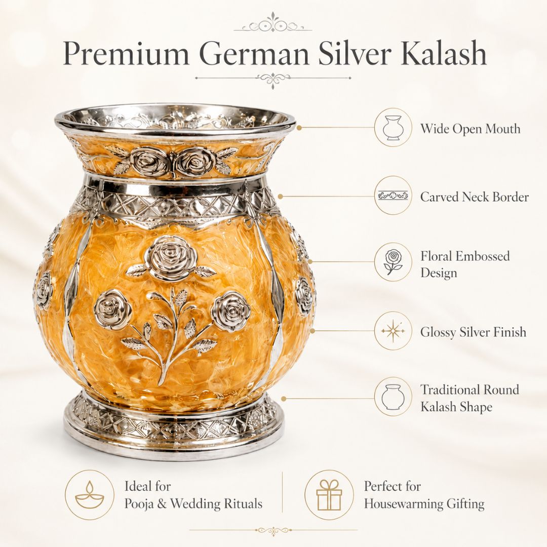 German Silver Floral Kalash with Yellow Enamel Work