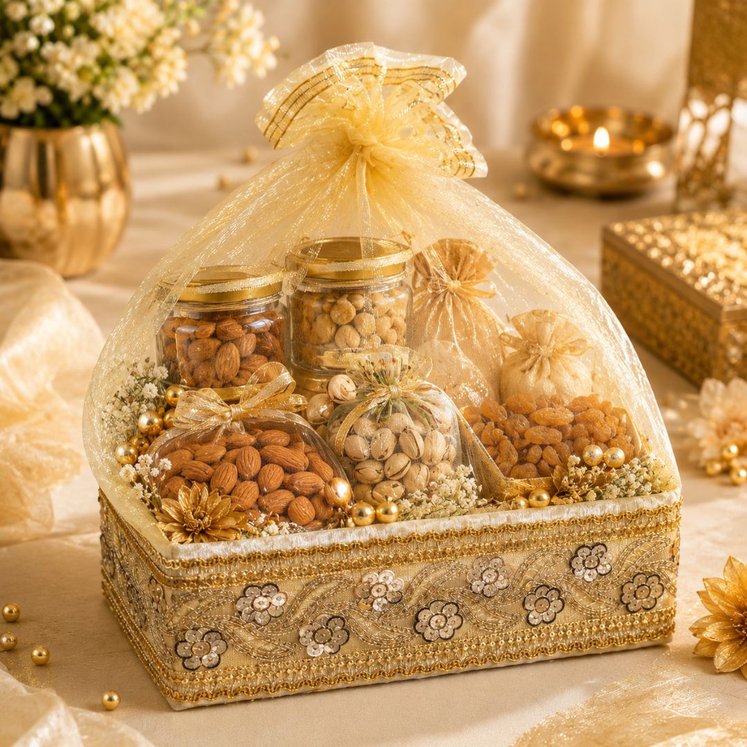 Set of 3-Ivory Gold Embroidered Wedding Hamper Basket Set