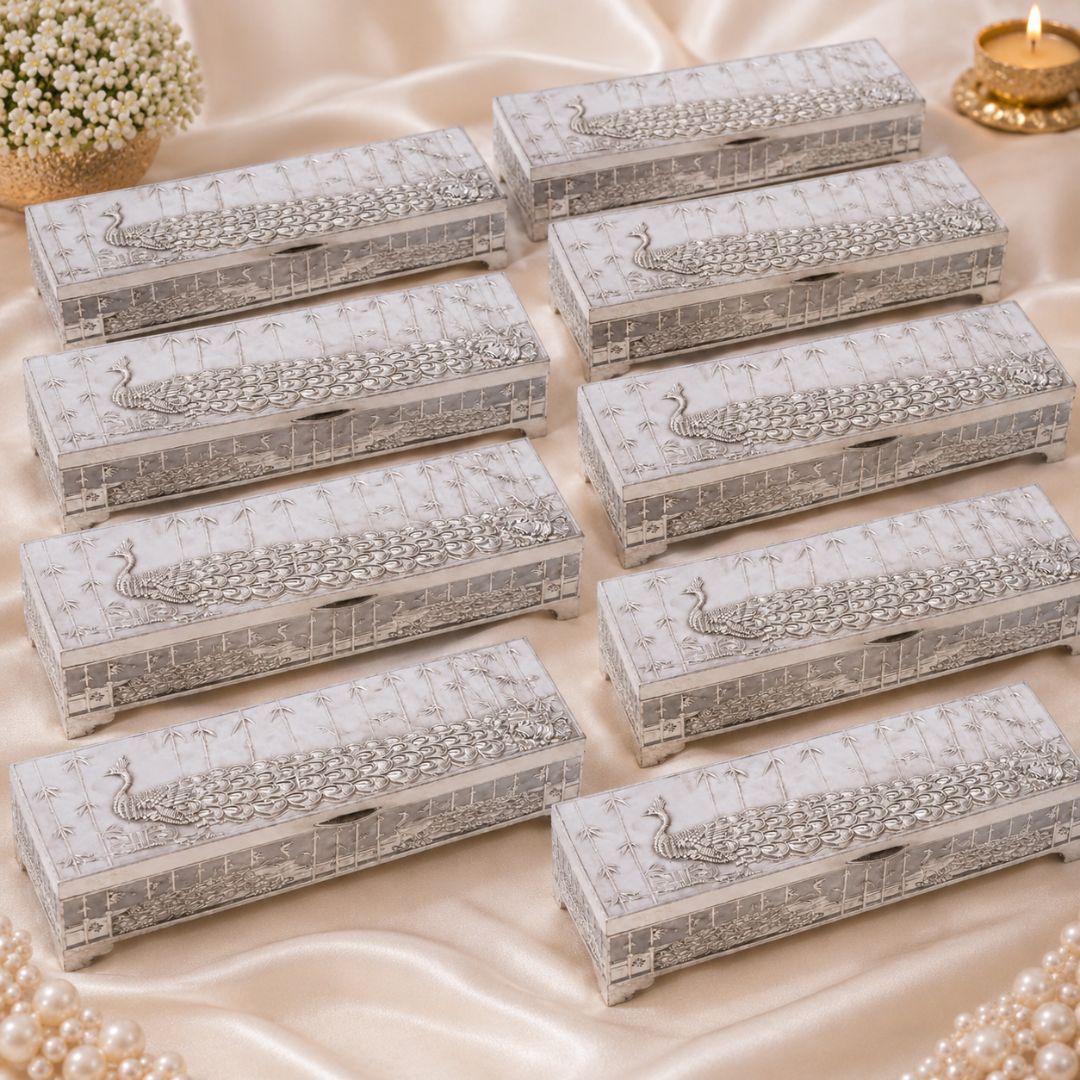 Premium German Silver Peacock Dry Fruit Box – Plain Silver Finish (9 x 3.5 x 2 Inch)