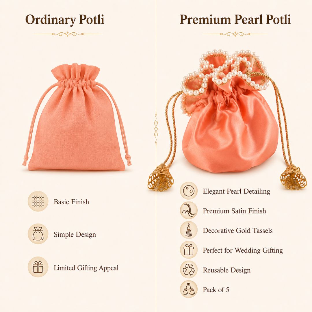 Pack of 5 -Peach Pearl Loop Drawstring Potli Bag