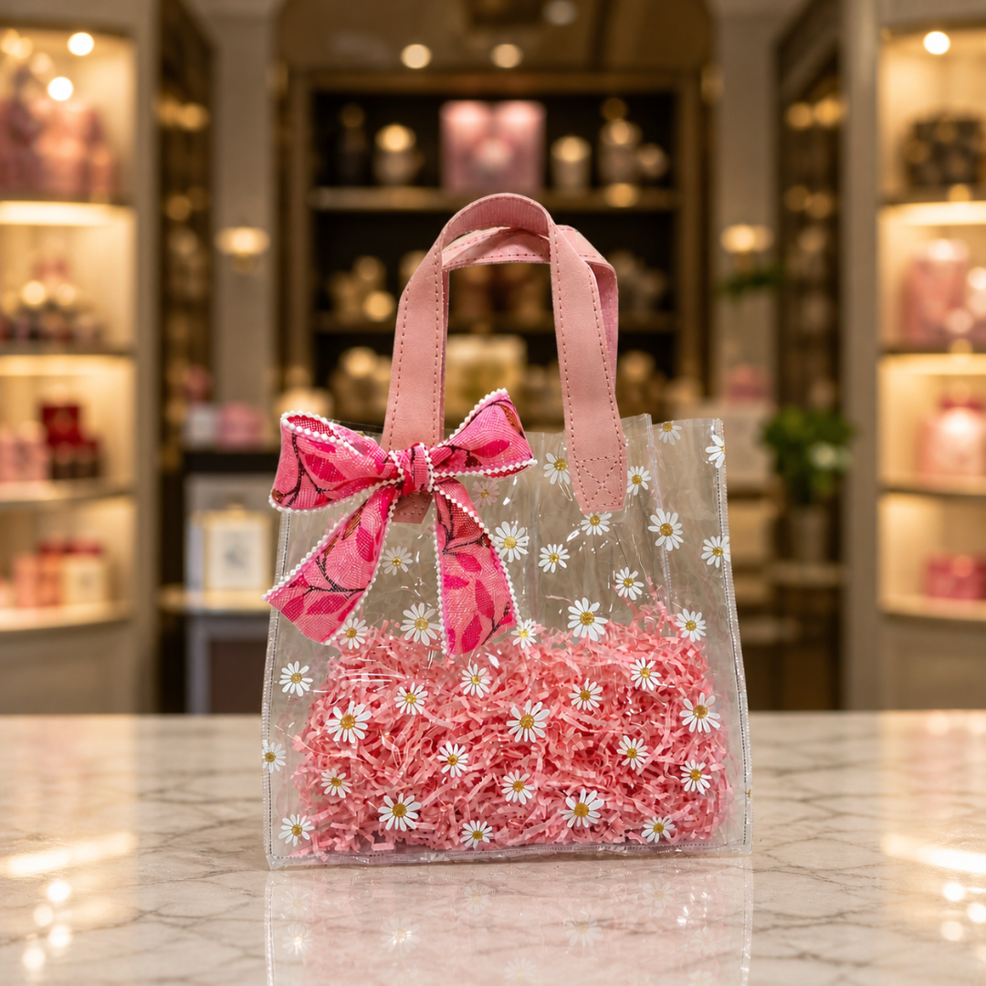 (Set of 5)Premium Transparent Floral Gift Bag with Bow Handle – (10 x 14 Inch)