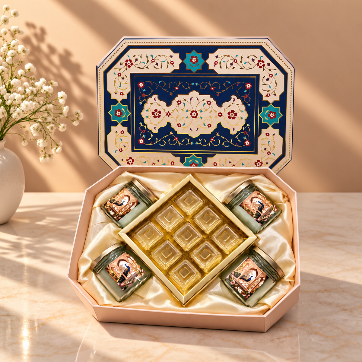 Pichwai Peacock Theme hamper box with four glass jars and center cavity tray measuring 14 x 11 x 5 inches