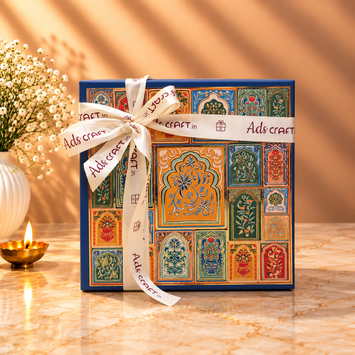 Open Blue Jharokha Diwali gift box with Open Secret snacks, Loyka brittle, Eat Better laddoo and festive decor