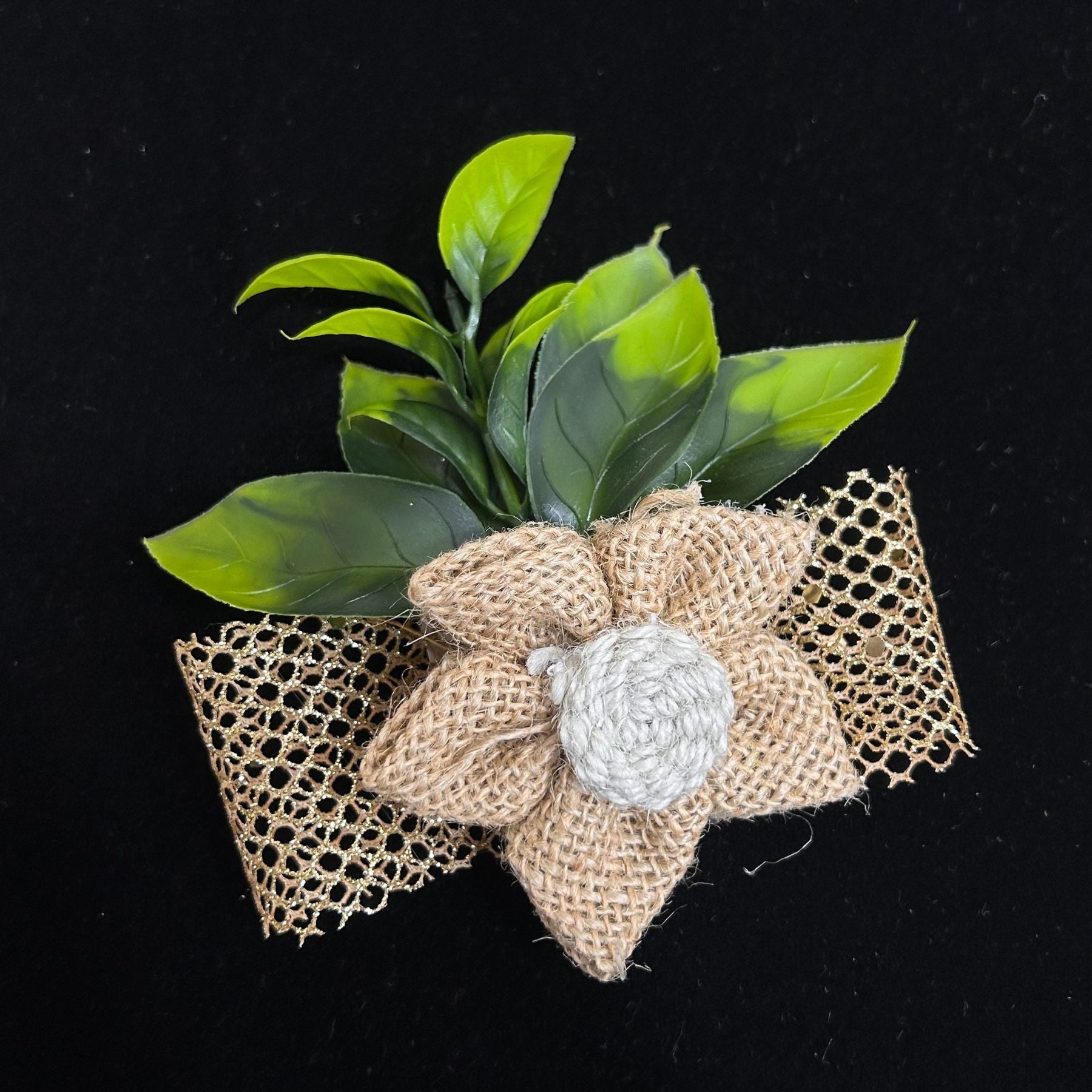 Rustic Jute Bloom with Green Leaf Sprigs & Golden Mesh Base( Pack of 5 )