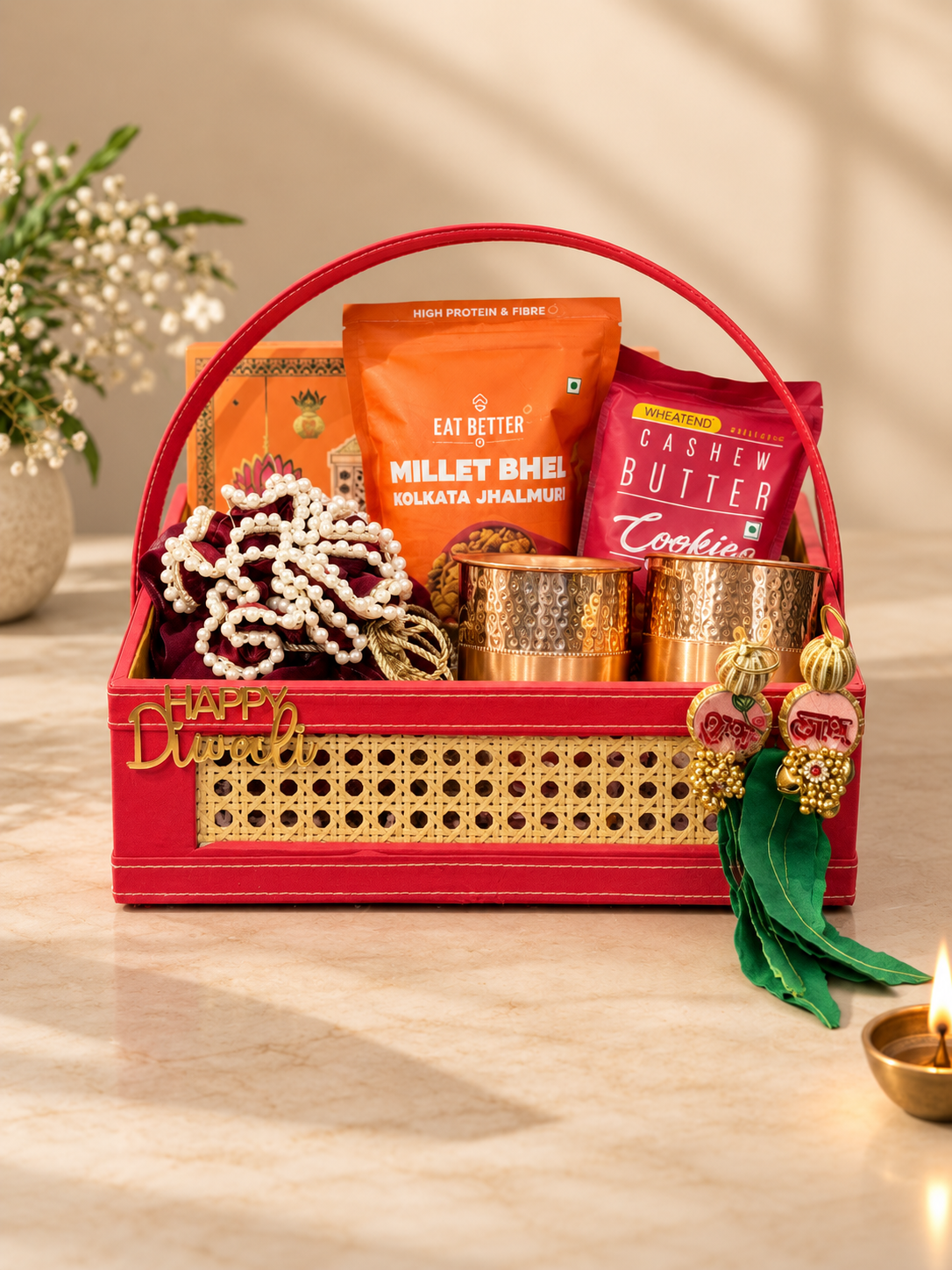 Premium rattan and leather basket for luxury corporate, employee, client and festive Diwali gifting