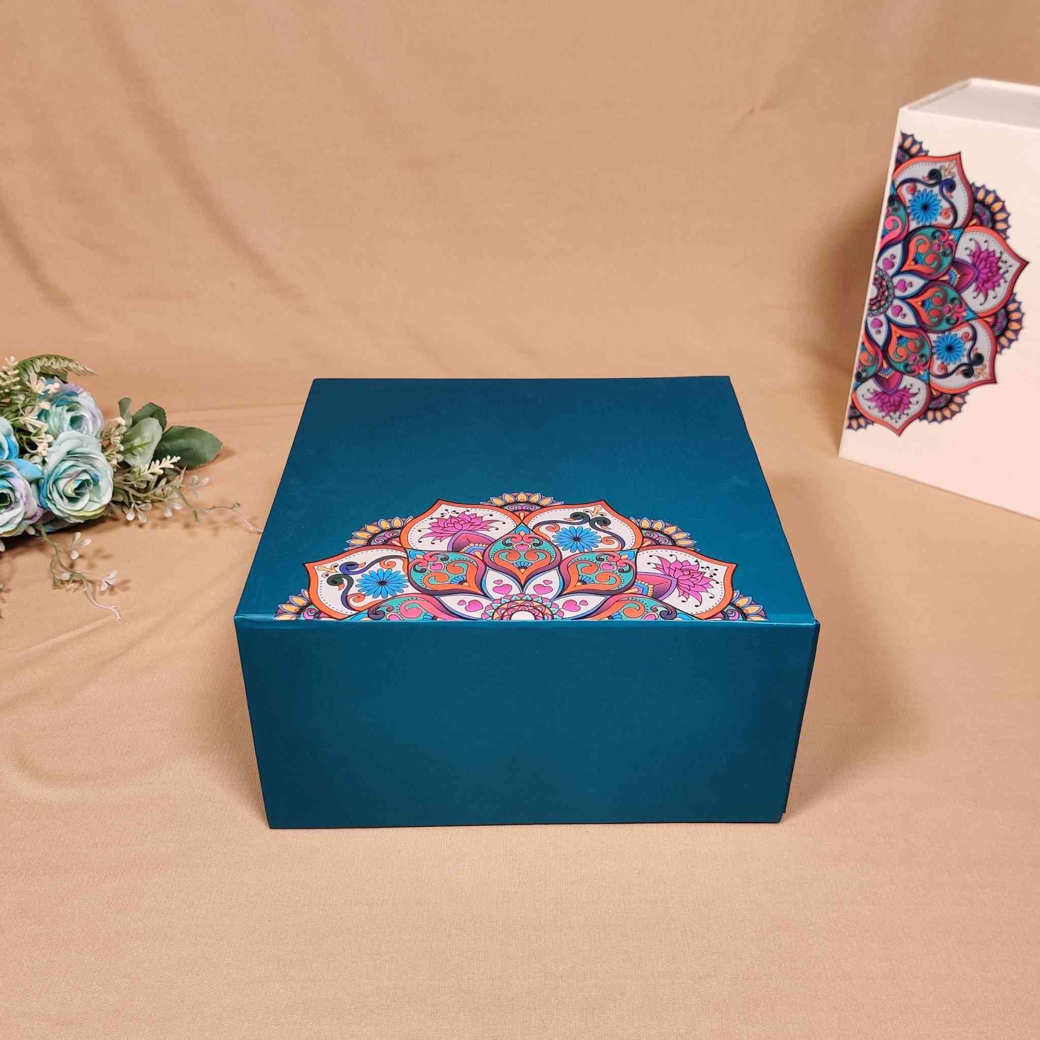 Tabriz Teal Green Floral Flip Box For Gift Hamper (10x10x4 inches) | adscraft.in 