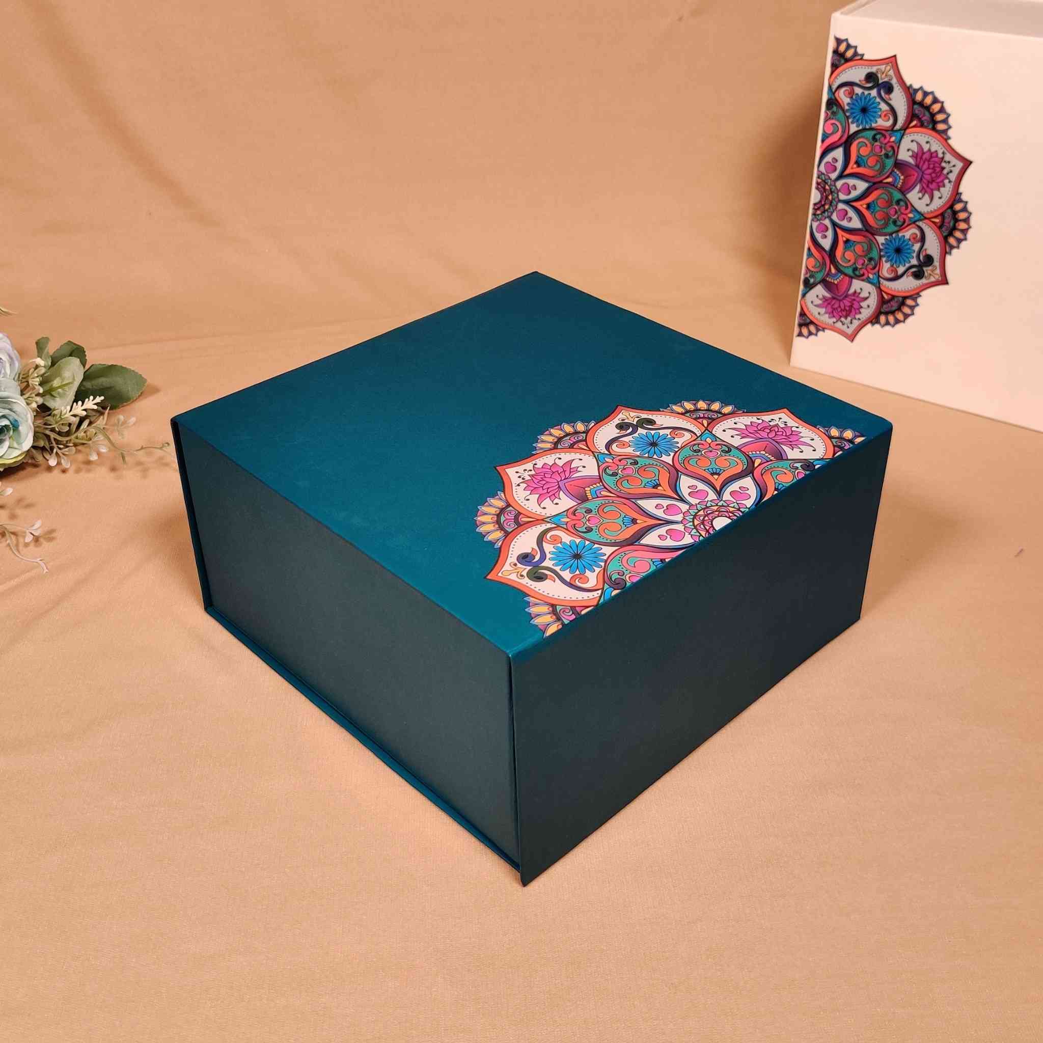 Tabriz Teal Green Floral Flip Box For Gift Hamper (10x10x4 inches)