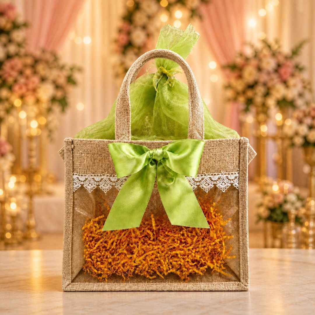(Set of 5)Premium Jute Gift bags with Transparent Window & Green Bow – 12 x 15 Inches