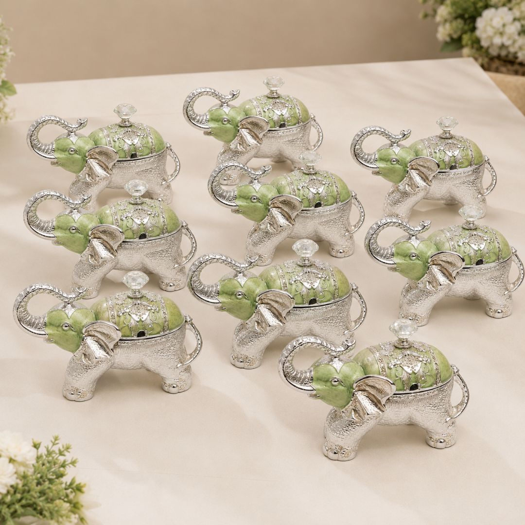 Luxury Silver Elephant Dry Fruit Box – Green Finish | 8 x 6 Inch Decorative Gift Box