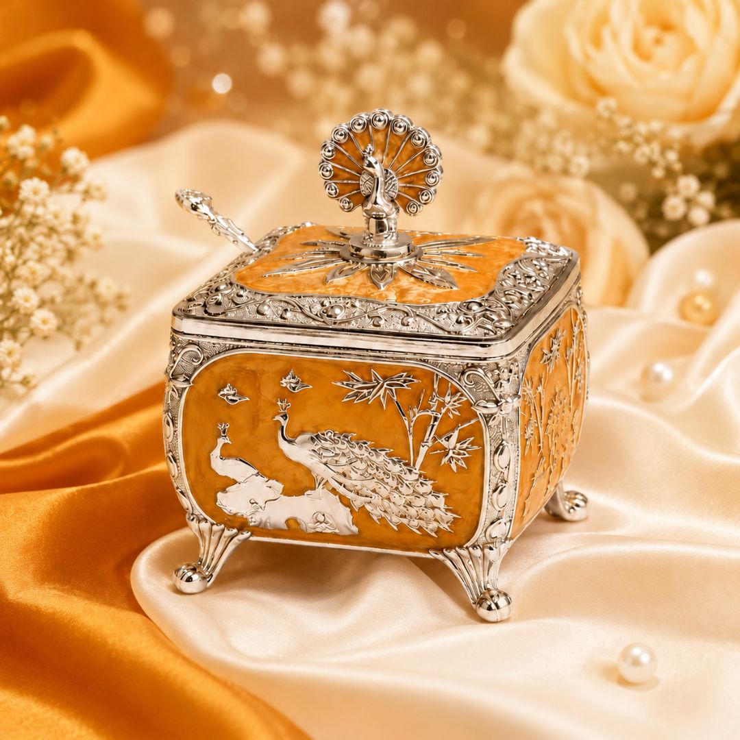 Royal Peacock German Silver Dry Fruit Box – Orange Finish (4 x 4 Inch)