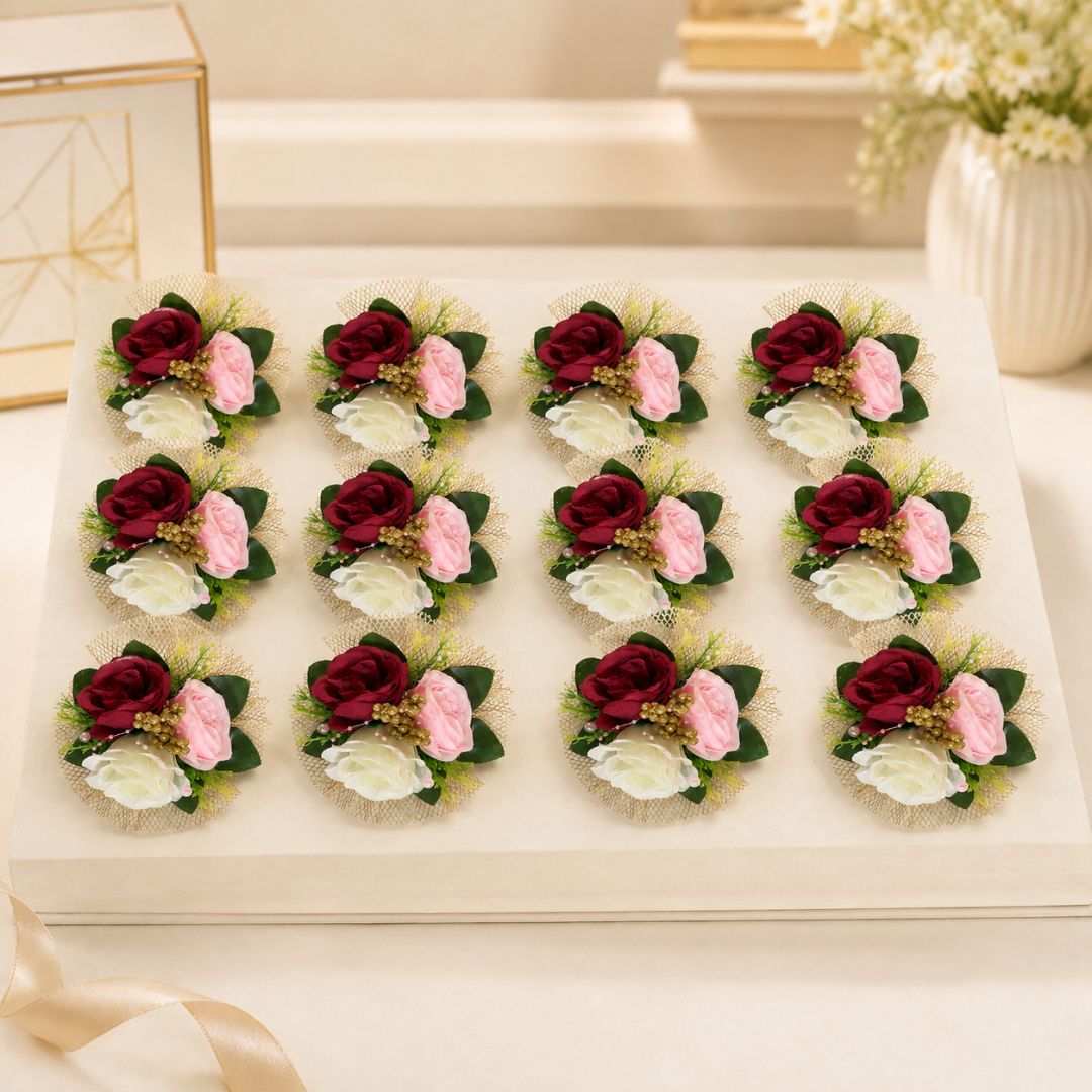 Set of 5 Red, Pink & White Floral Decorative Accessories for Hamper & Trousseau Packing