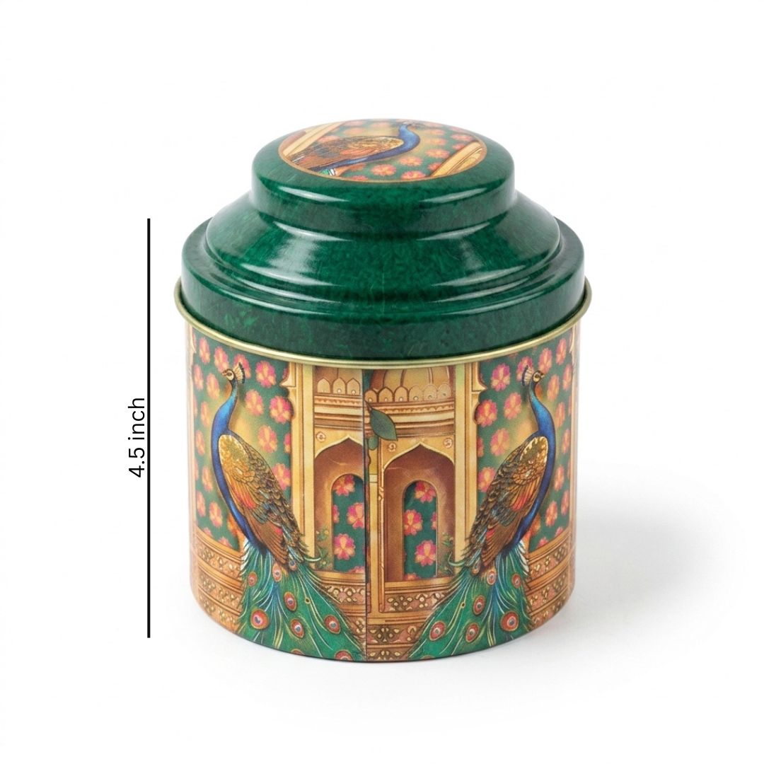 Pack of 6 Peacock Printed Metal Tin Box with Lid – Premium Gift & Dry Fruit Packaging Box