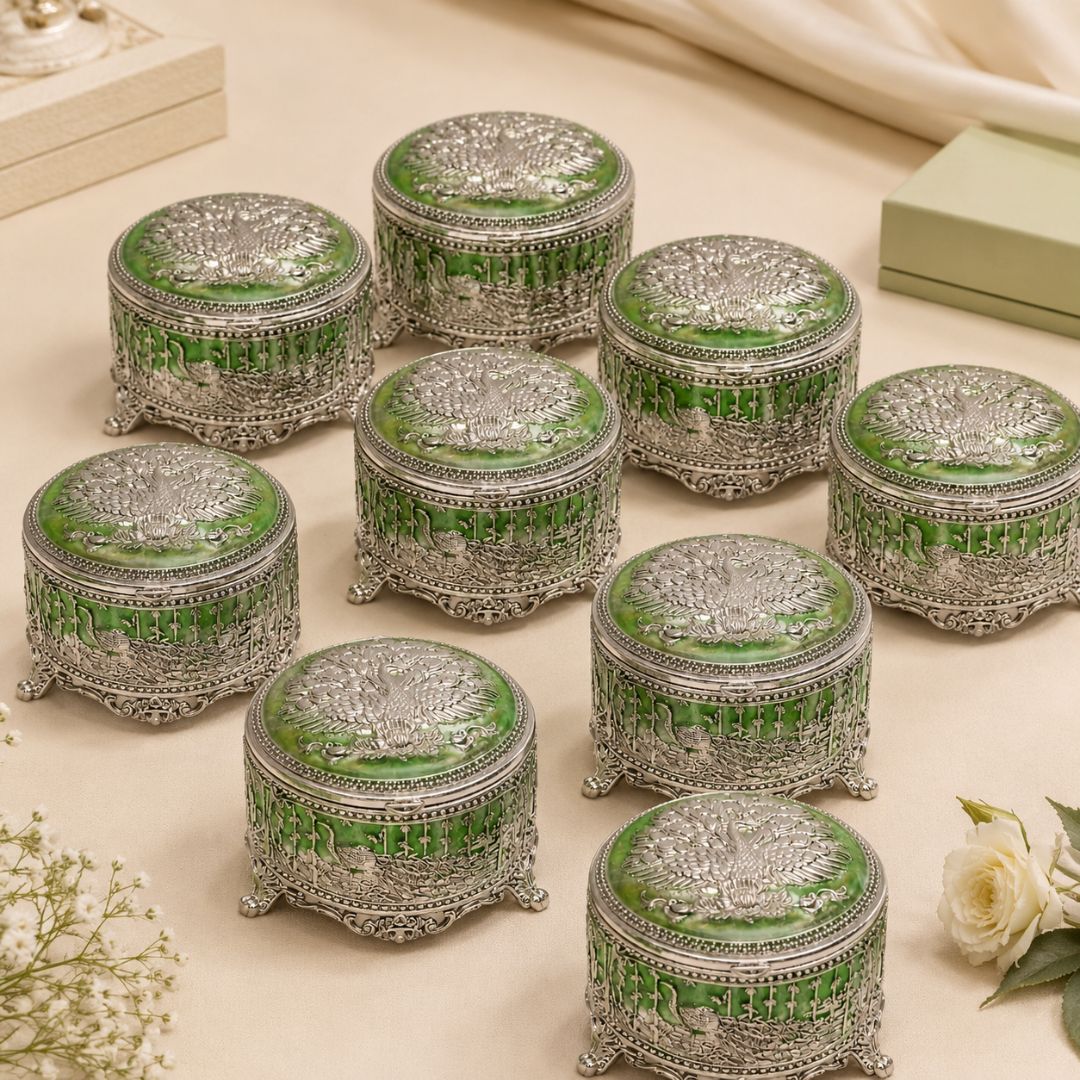 Royal Peacock Enamel Silver Jewellery Box – 3 Inch (Green Finish)