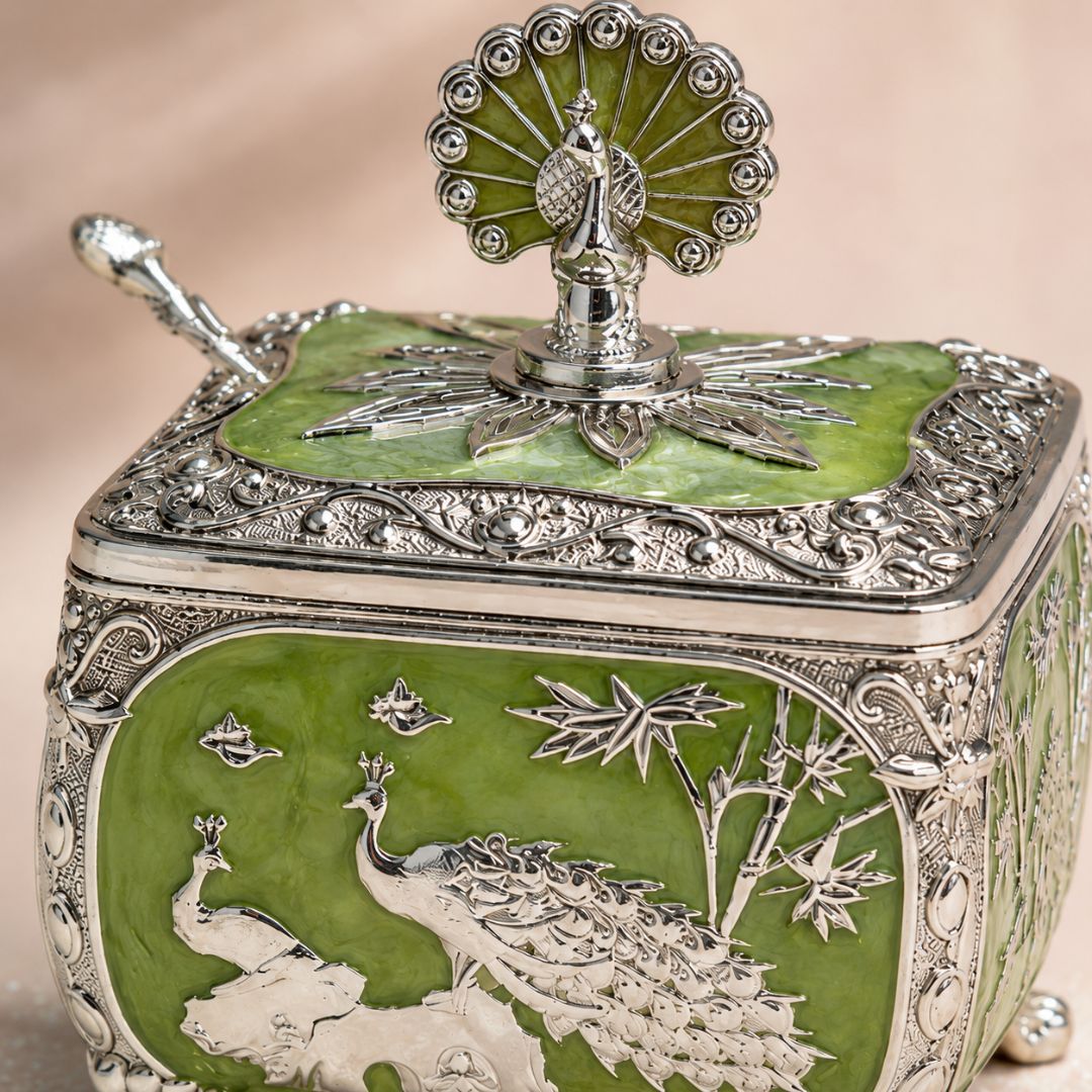 Royal Peacock German Silver Dry Fruit Box (Green) – 4 x 4 Inch with Spoon