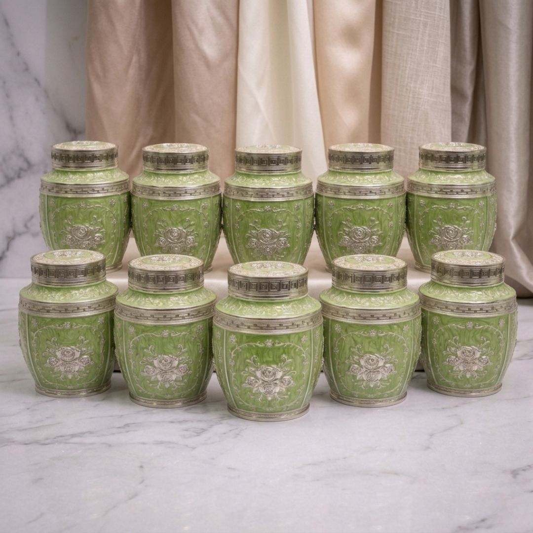Luxury Green Floral Enamel Storage Jar with Silver Detailing – 7 Inch Decorative Dry Fruit & Sweet Container