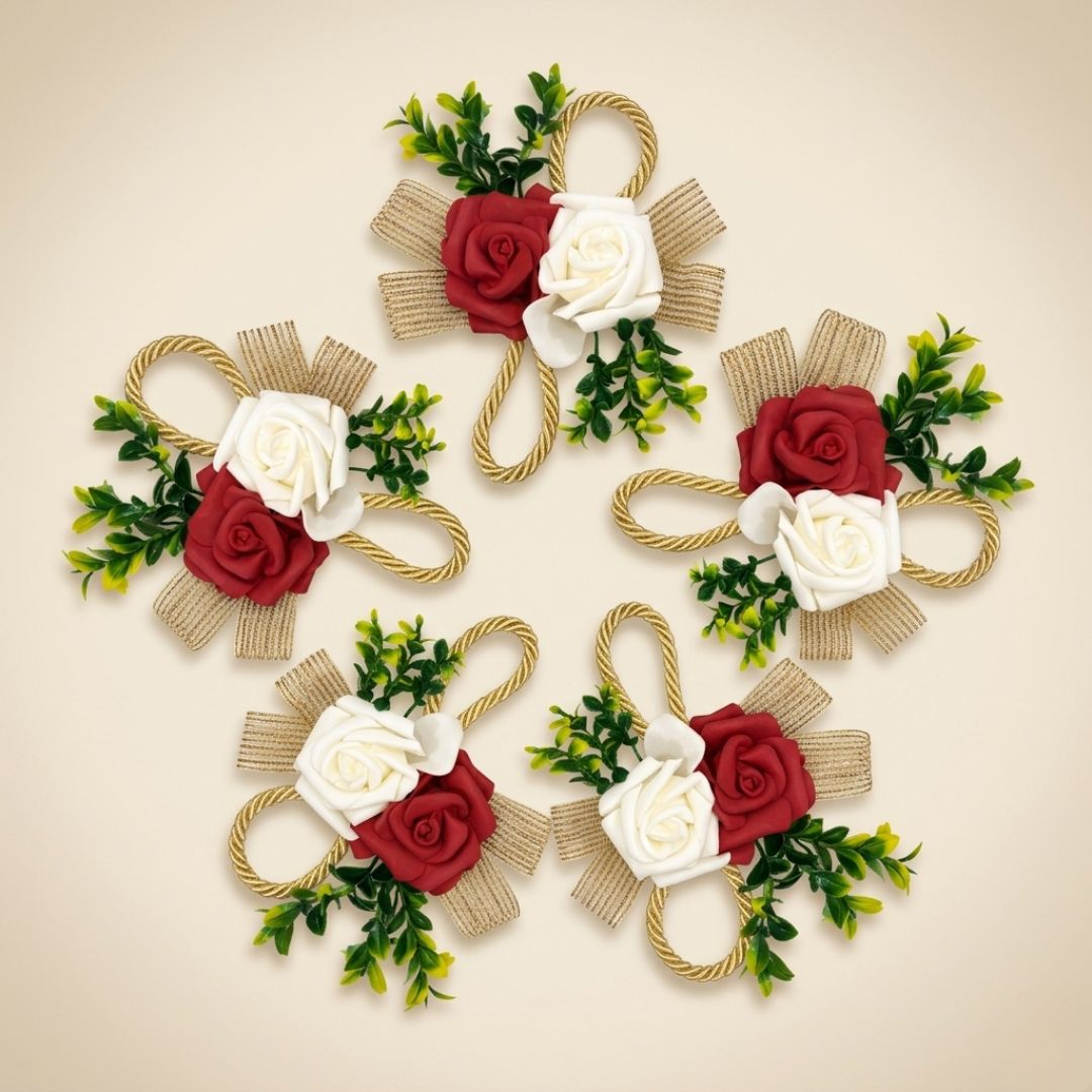 Pack of 5 Maroon & White Rose Golden Ribbon Decorative Accessories