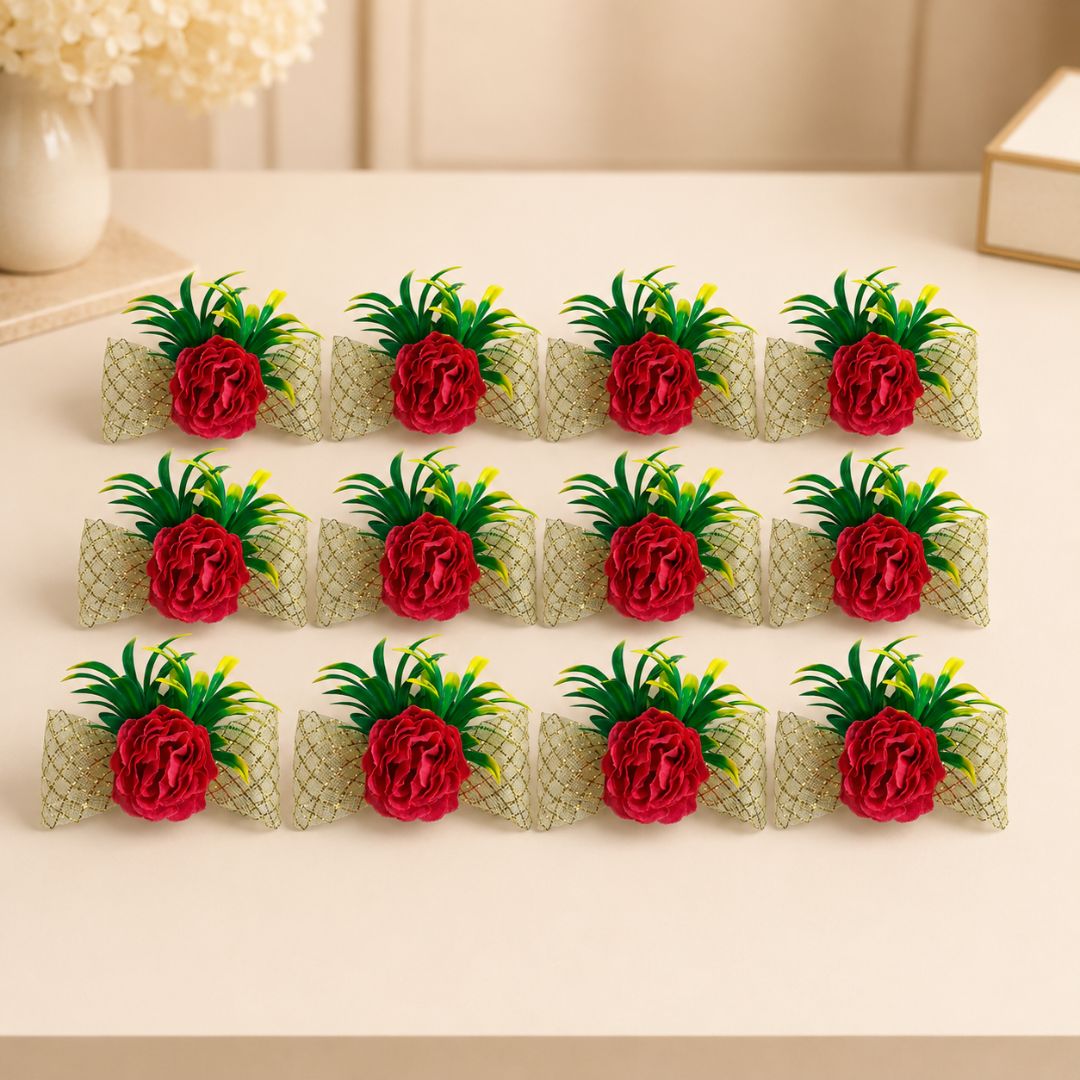 Set of 5 Red Floral Golden Bow Decoration Accessories for Hamper Packing