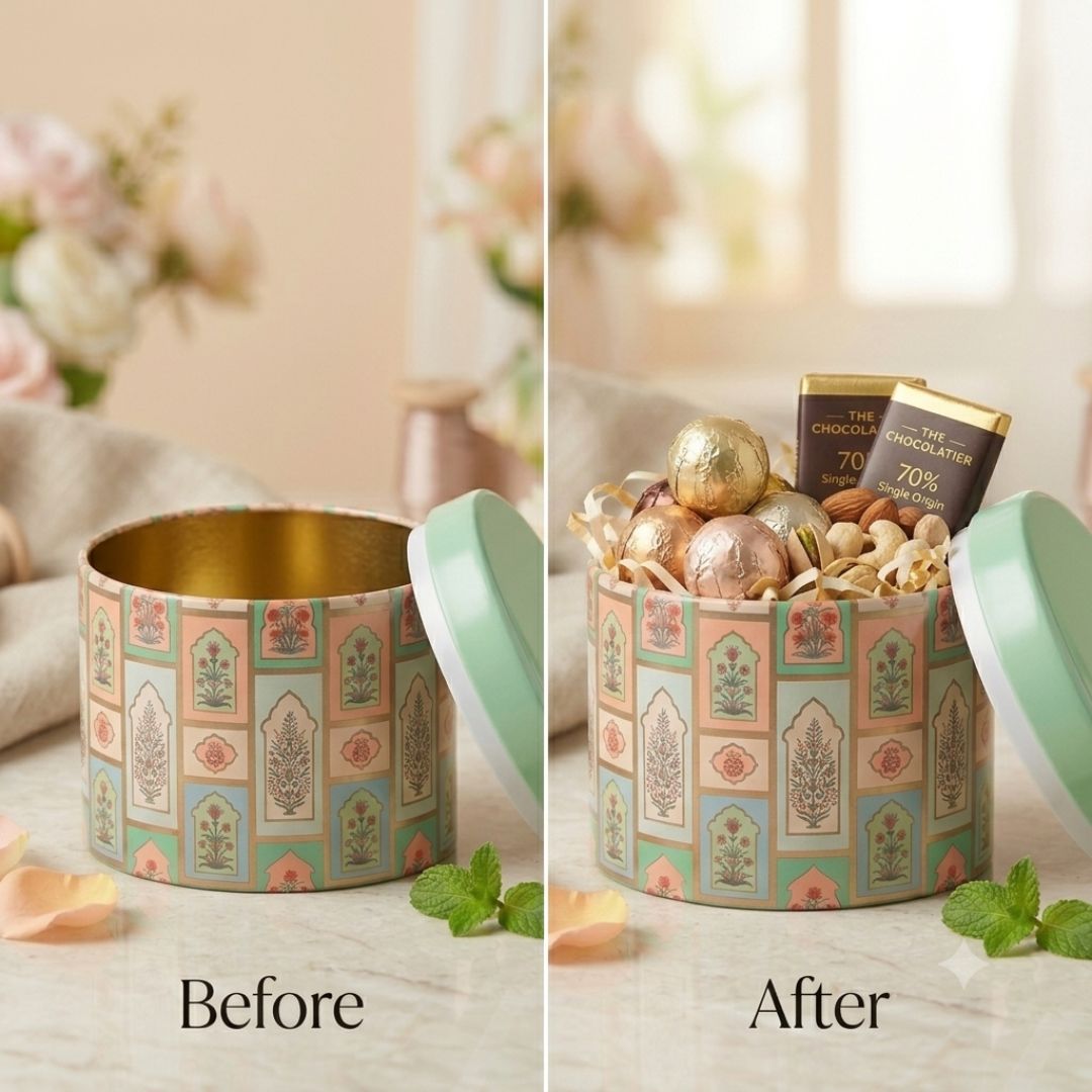 Pack of 6 Pastel Floral Printed Metal Tin Box with Lid – Premium Gift & Dry Fruit Packaging Box