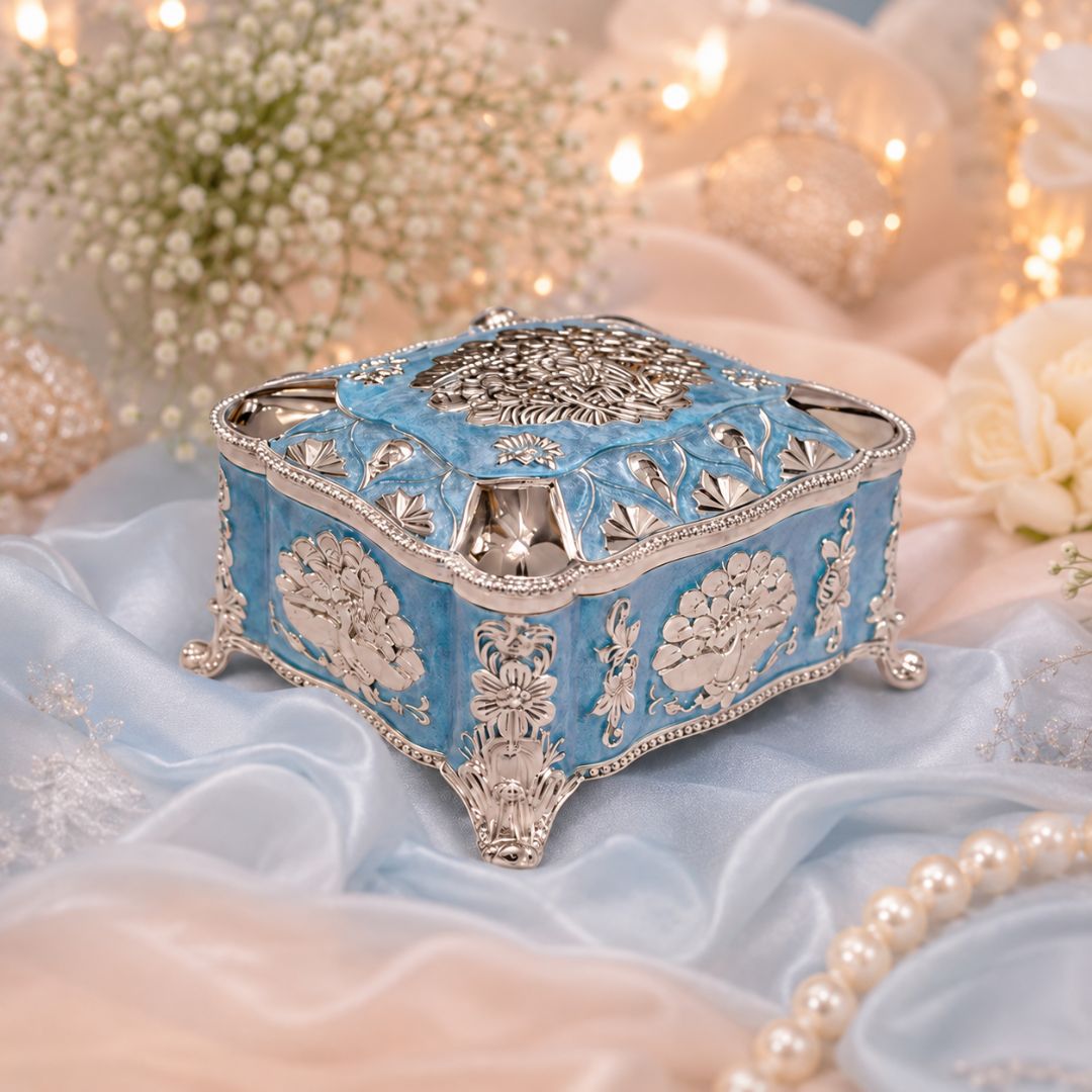 Royal Blue Enamel German Silver Storage Box with Velvet Lining (4 x 3 x 3 Inch)