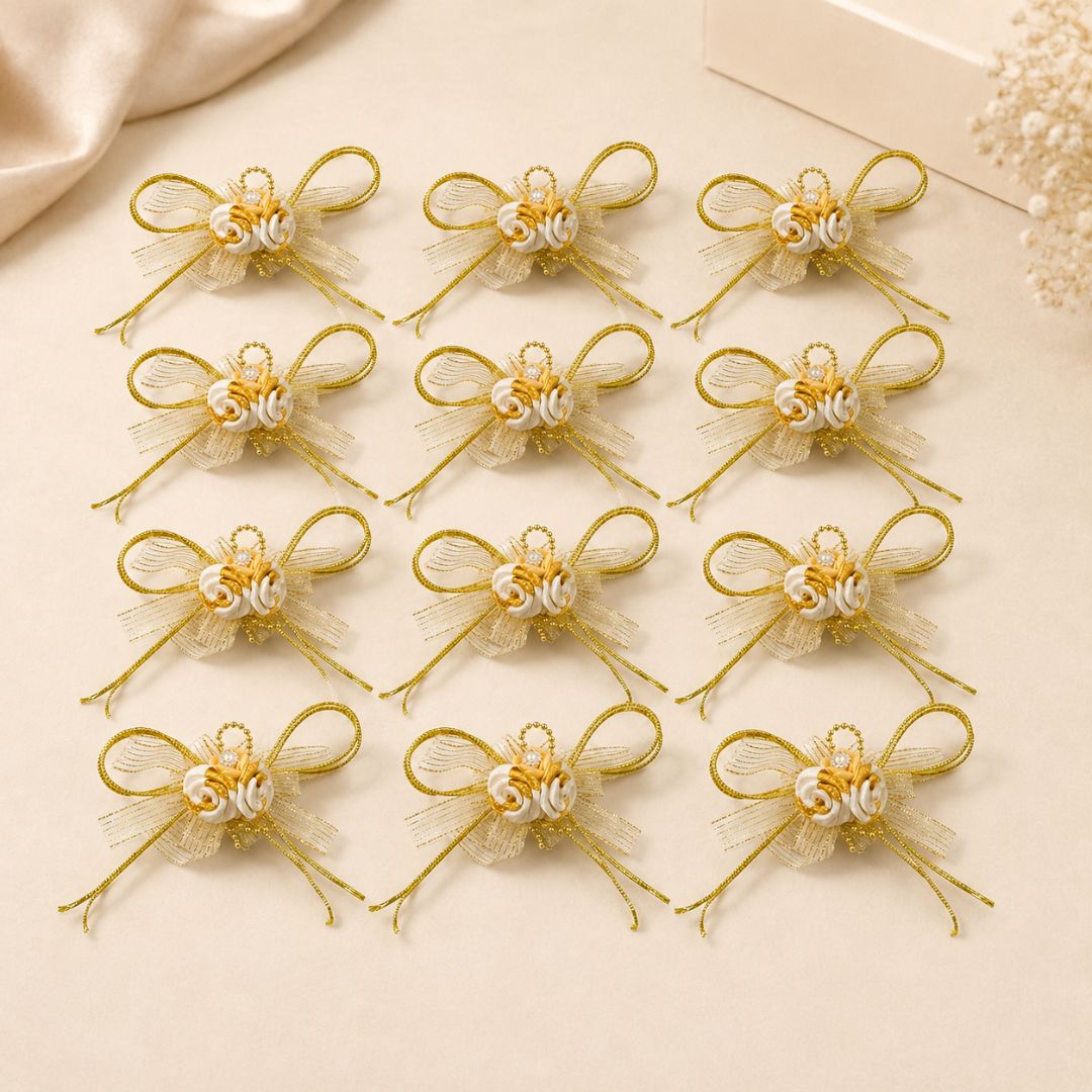 Set of 5 Golden & White Ribbon Floral Decorative Accessories for Hamper Packing