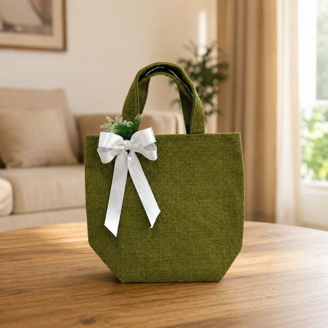 (Set of 5)Premium Olive Green Jute Gift Bag with Ribbon & Floral Accent  –  (11 x 15 Inch Sizes)