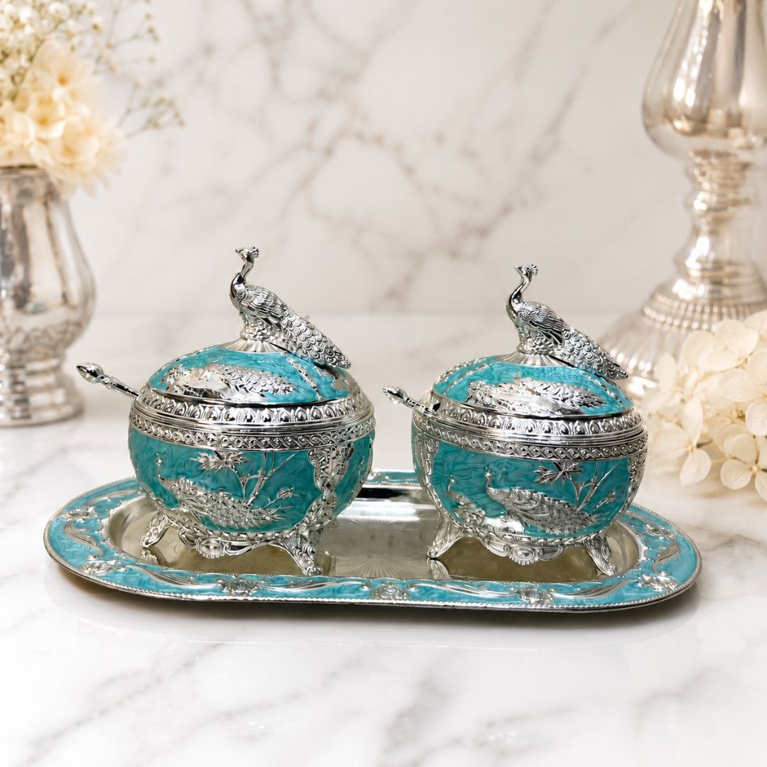 German Silver Aqua Peacock Serving Set with Spoons