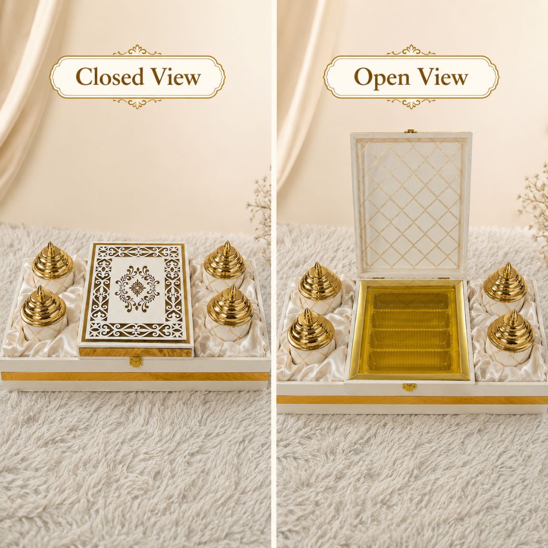 Ivory Gold 4 Jar Dry Fruit Gift Box Set with Decorative Centre Box