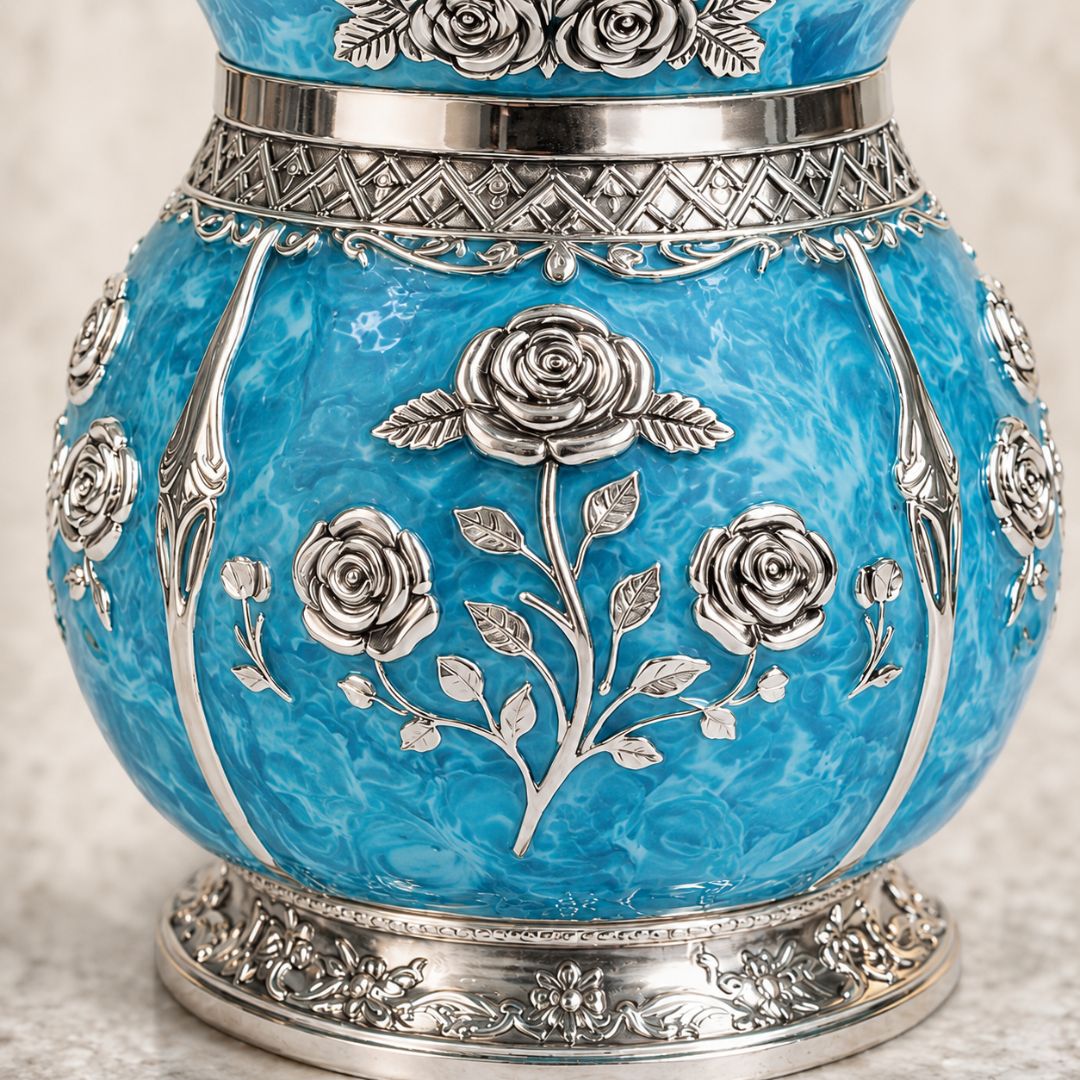 German Silver Floral Kalash with Sky Blue Enamel Work