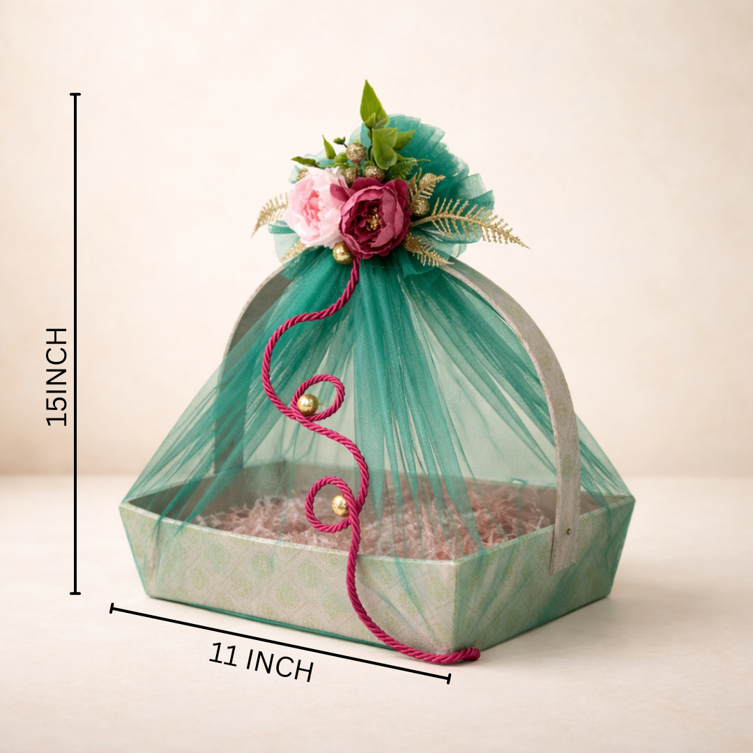 (Set of 3)Premium Mint Green Net Gift Basket with Floral Decor & Handle – 11 x 15 Inches