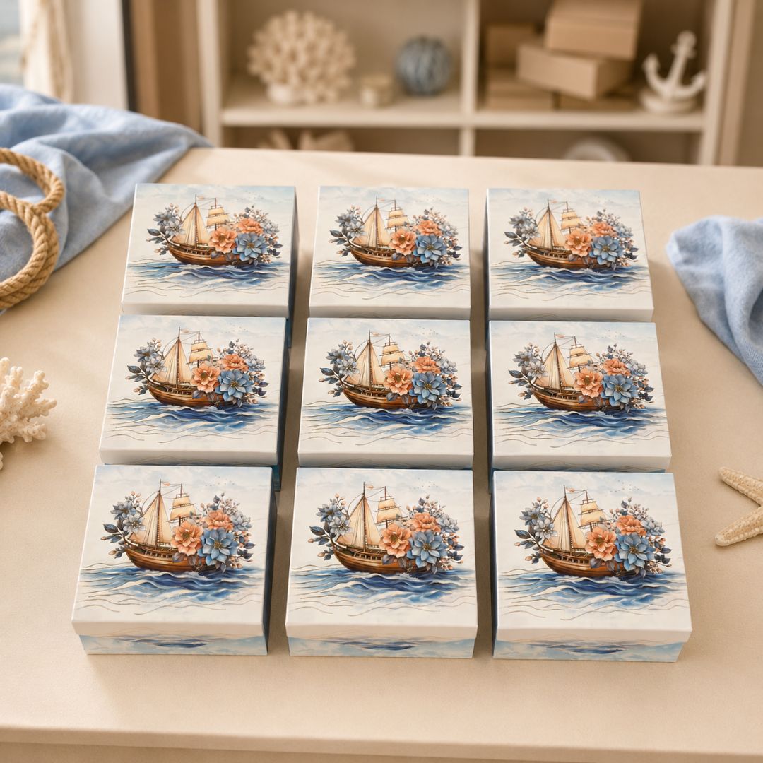 Pack of 5 Sailing Boat Floral Printed Square Gift Box – Premium Gift & Hamper Packaging Box - Adscraft.in