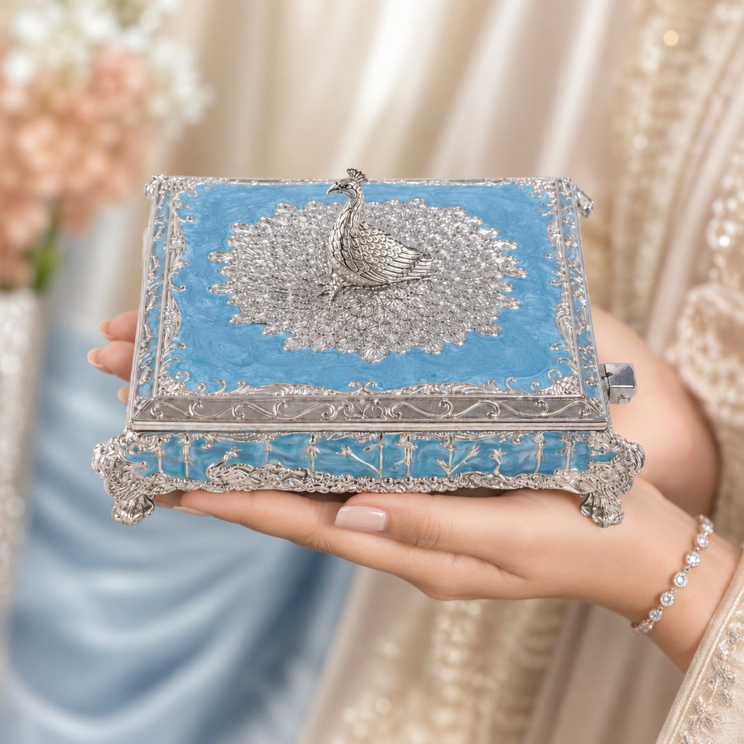 Premium German Silver Peacock Sweet & Dry Fruit Box with Blue Enamel Finish (5 x 5 x 2 Inch)
