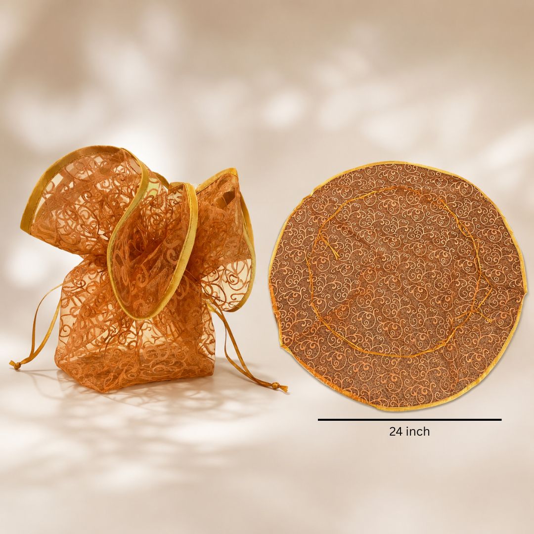 Orange Organza Potli Gift Bag Pack of 5 with Golden Base