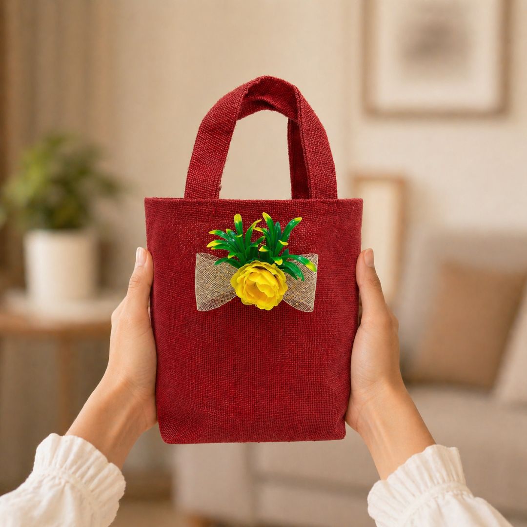 (Set of 5)Premium Red Jute Gift Bag with Floral Bow – Reusable Hamper Bag