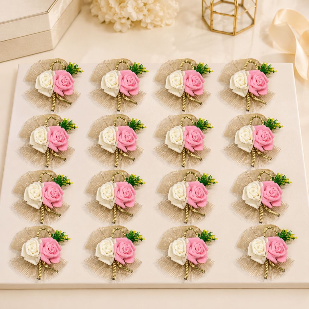 Pack of 5 Pink & White Rose Decorative Net Accessories for Hamper Packing