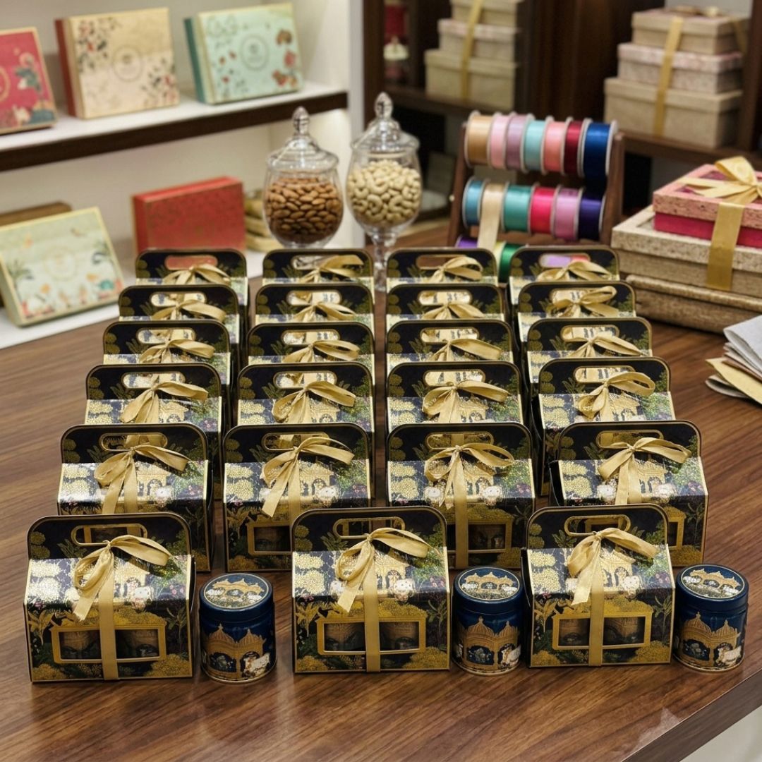 Pack of 6 Royal Blue Palace Printed Metal Tin Box with Lid – Premium Gift & Dry Fruit Packaging Box - Adscraft.in