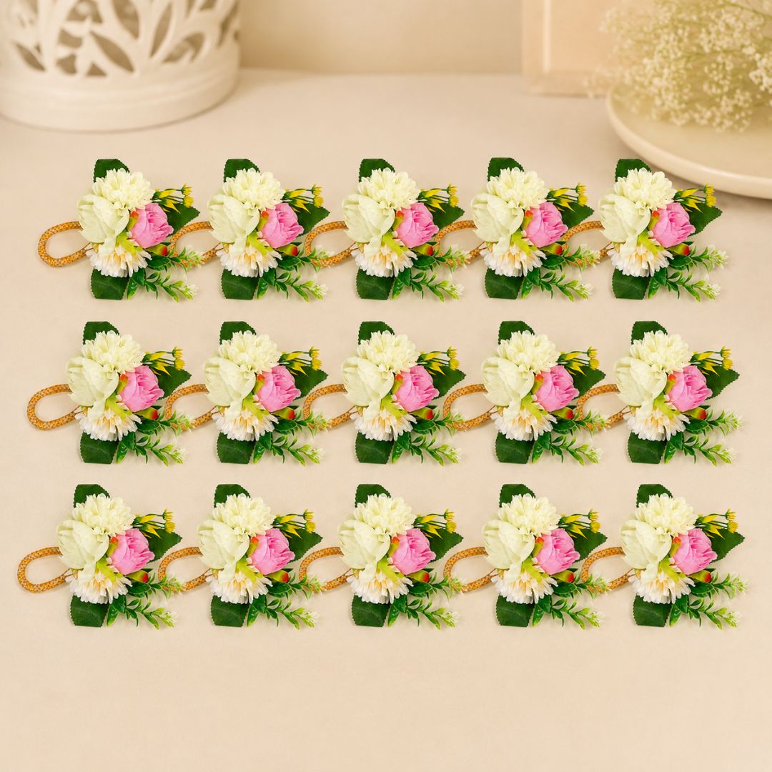White & Pink Flower Bunch with Golden Handle for Hamper Decoration – Pack of 5 - Adscraft.in