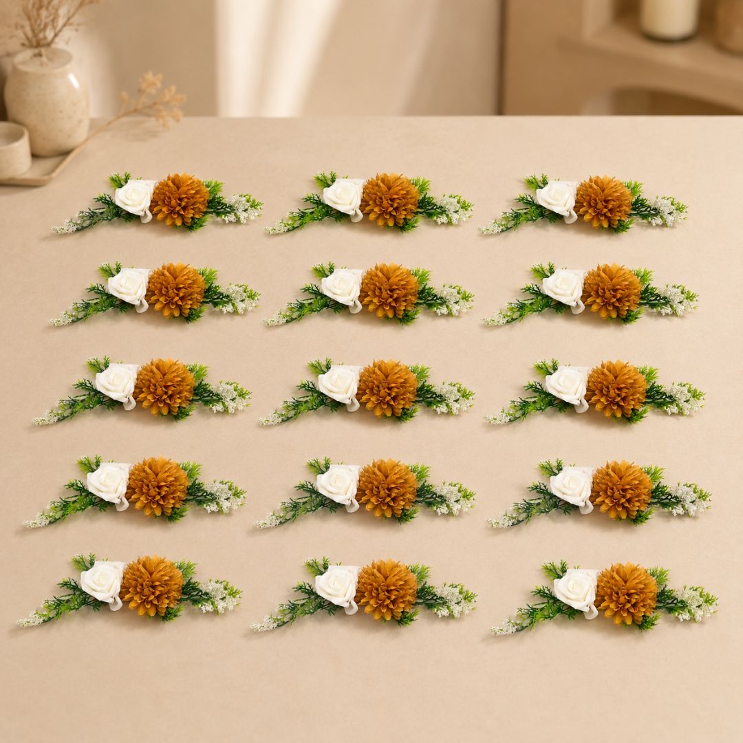 Set of 5 White & Mustard Floral Decorative Accessories for Hamper & Trousseau Packing