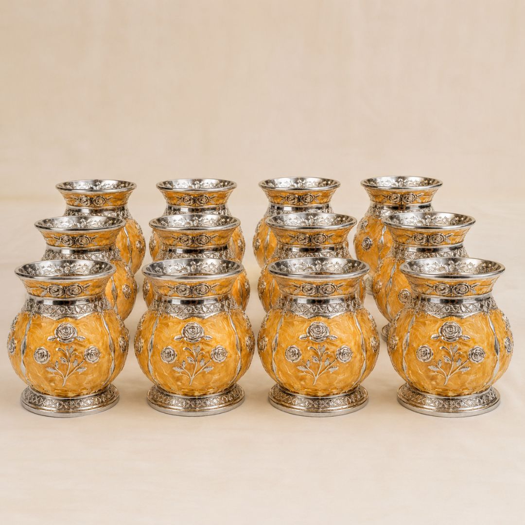 German Silver Floral Kalash with Yellow Enamel Work