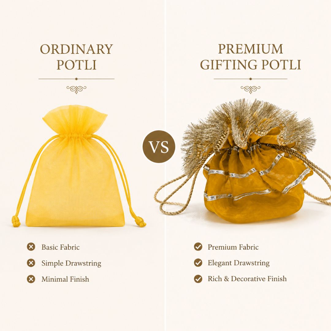 Pack of 5 -Mustard Yellow Gold Lace Drawstring Potli Bag