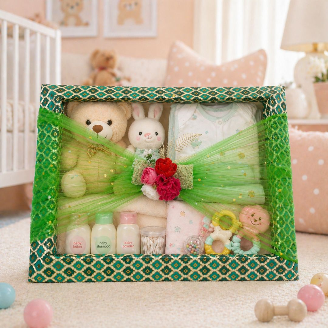 (Set of 3)Premium Green Net Decorative Gift Tray – Floral Center Design | 21 x 16 Inches