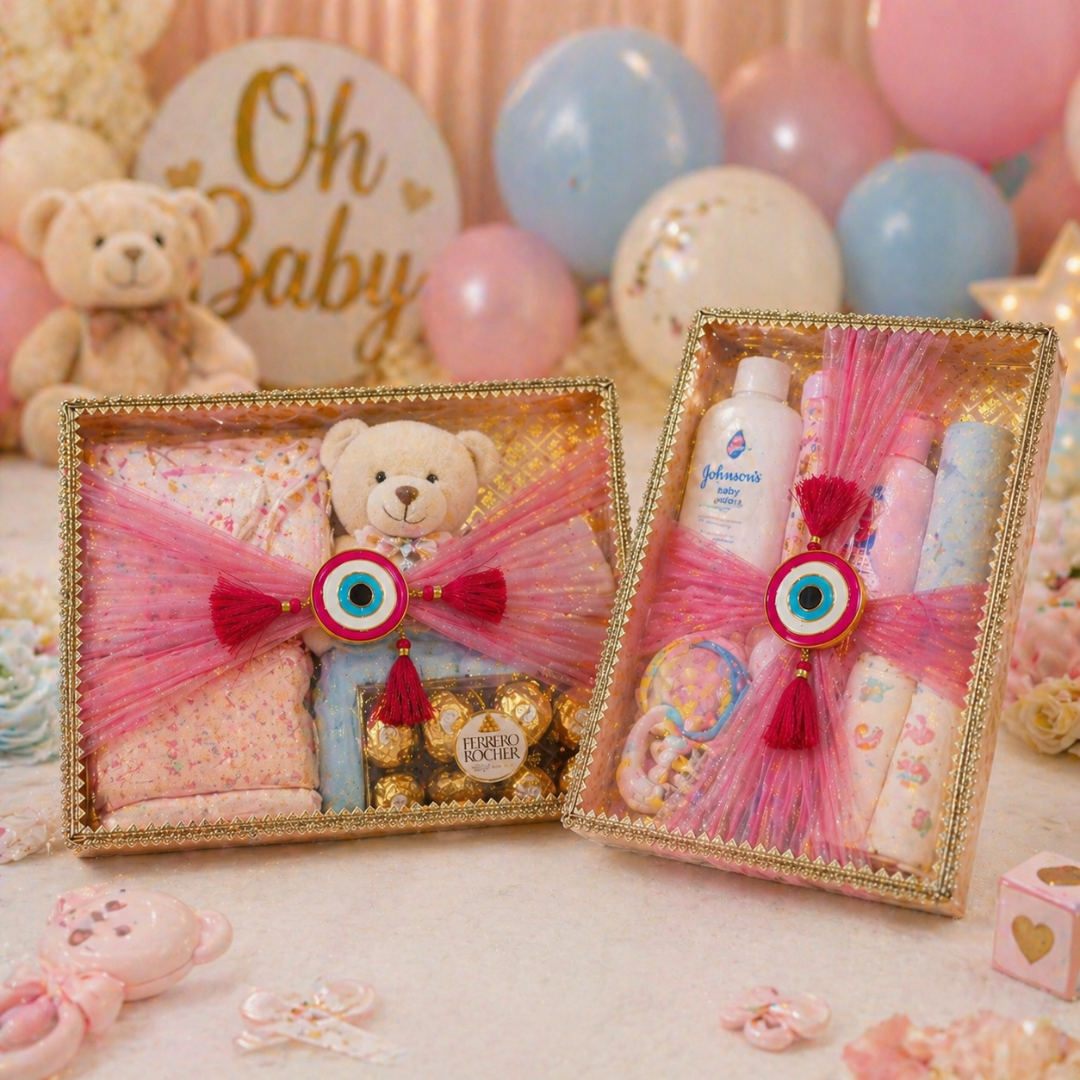 (Set of 2)Premium Evil Eye Net Gift Tray (16x12 & 14x10 Inch) – Pink Fabric Finish with Tassel Decor