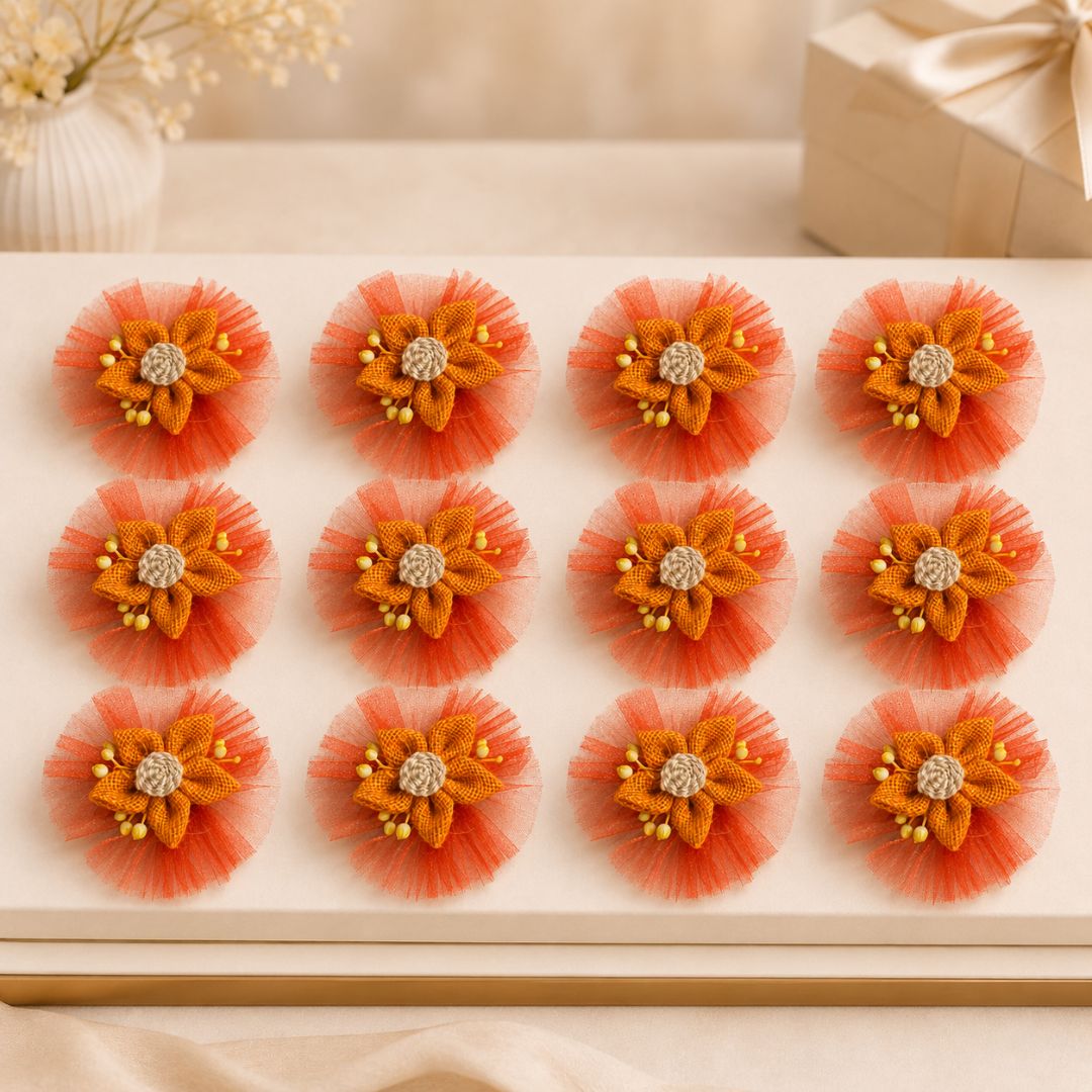 Set of 5 Orange Jute Flower Decorative Accessories with Net for Hamper & Trousseau Packing