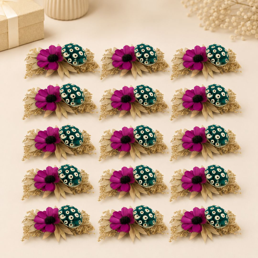 Set of 5 Magenta & Teal Floral Decorative Accessories for Hamper & Trousseau Packing